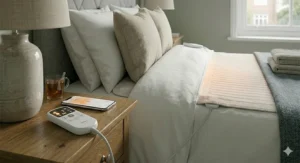 Alt text for image 4: A white multi-button electric blanket handset on a wooden bedside table next to a steaming cup of tea, highlighting the independent control for the second sleeper.