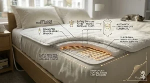Illustration showing the UK safety certified overheat protection system and auto-shutoff timer for peace of mind.