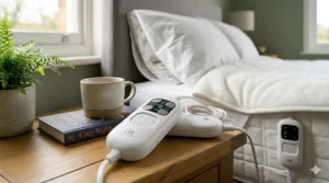 Digital display illustration showing the pre-heat function and auto-shutoff timer on a double electric blanket.