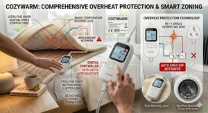 Illustration of a single electric blanket label featuring British safety certifications including the UKCA mark and BEAB Approved status.