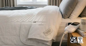 Illustration of the UKCA and CE safety marks on a luxury electric blanket label, indicating overheat protection.