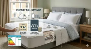 Infographic comparing the low pence-per-hour running cost of a king size electric blanket versus expensive central heating.