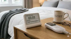 Infographic showing the low hourly running costs of a luxury electric blanket compared to central heating in the UK.