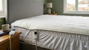 Illustration of a fully fitted double electric blanket with a deep elasticated skirt for a secure mattress fit.