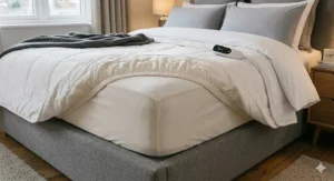 Side view showing a luxury king size electric blanket with a deep elasticated skirt fitting securely over a thick mattress.