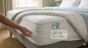 Detailed view of the deep elasticated skirt on a king size electric blanket designed to fit securely over a thick UK mattress.