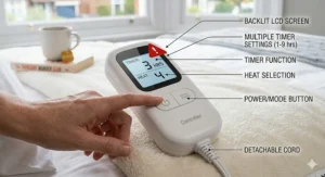 Illustration showing how the elasticated skirt of a single electric blanket fits securely over a standard UK mattress to prevent slipping.