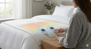 Heat map graphic showing independent temperature zones for the body and feet on a super king electric blanket.