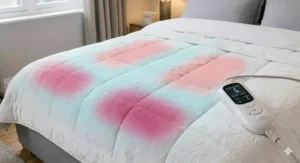Diagram showing specialised heating zones for feet and body on a luxury king size electric blanket.