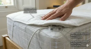 Illustration of how to secure a cheap single electric blanket to a mattress using corner ties to prevent slipping.
