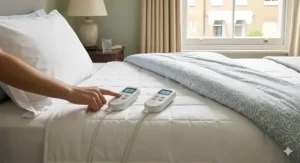 Close-up of a person using dual digital controllers on a king size electric blanket to set independent heat zones for two people.