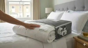 A king size electric blanket neatly folded into a durable zip-up storage bag, ideal for keeping it protected during the summer months.