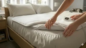 Demonstration of the deep elasticated skirt used to secure the king size electric blanket firmly to a mattress.