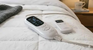Two digital controllers for a luxury king size electric blanket, allowing independent heat settings for both sides of the bed.