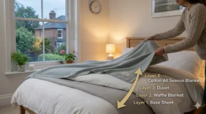 Illustration showing how to layer all season blankets with a duvet for extra warmth during British winters.