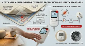 Infographic demonstrating the safety and energy-saving benefits of the automatic shut-off timer on a single electric blanket.