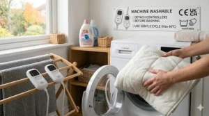 Illustration showing a detachable controller, indicating the double electric blanket is safe for machine washing.