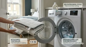 A person placing a folded king size electric blanket into a front-loading washing machine, highlighting the detachable controller.