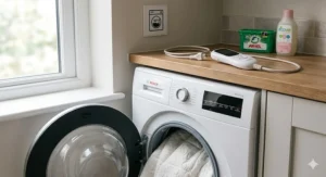 Illustration showing the detachable lead and plug, making the luxury king size electric blanket safe for machine washing.
