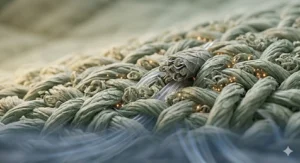 Illustration showing how moisture-wicking wool fibres in temperature regulating blankets keep sleepers dry during humid UK summers.