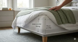 Close-up of a hand on a heated blanket with a graphic overlay showing the built-in overheat protection sensor.