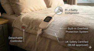 Graphic highlighting the built-in overheat protection system and UK safety certification marks on a heated underblanket for peace of mind.