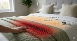 A digital bedside controller showing the programmable auto-off timer settings for a heated blanket.