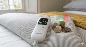 Illustration showing the low hourly energy cost of running a cheap single electric blanket in the UK to save on heating bills.