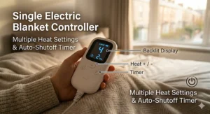 Close-up of a handheld remote for a single electric blanket featuring multiple heat settings and an auto-shutoff safety timer.