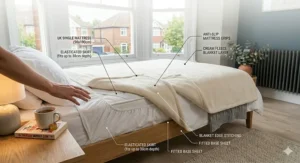 A diagram of a single electric blanket highlighting the dedicated foot-warming zone and the insulating mesh layers.