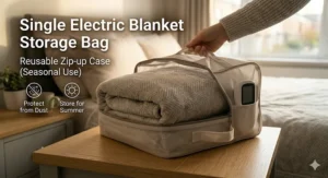 A folded single electric blanket being placed into a reusable zip-up storage bag to keep it clean during the summer months.