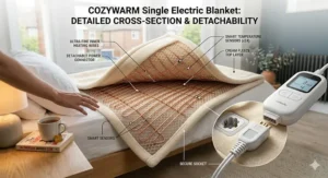 Close-up of a digital controller for a single electric blanket showing adjustable heat settings and a countdown timer for automatic power-off.