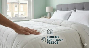 Macro photograph showing the soft-touch luxury fleece texture and high-quality diamond quilting of a king size electric blanket.