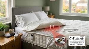 Graphic highlighting UK safety certifications and overheat protection features for a double electric blanket.