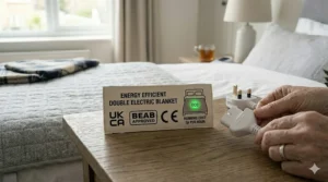 A product label showing the UKCA and BEAB approved safety marks on an energy-efficient double electric blanket.