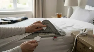 Close-up of a detachable power cable and plug, showing that the double electric blanket is safe for British washing machines.