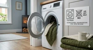 A dual sided blanket being placed into a washing machine with a sign indicating a 30-degree cool wash and air-dry instructions.