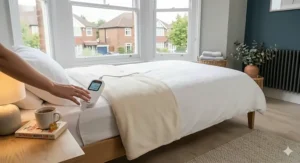 Infographic showing a single electric blanket is machine washable at 40 degrees Celsius once the digital controller is disconnected.