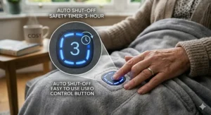 Close-up illustration of a digital controller showing the 3-hour auto-shut-off safety feature for peace of mind.