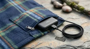A rechargeable power bank being plugged into the pocket of a cordless electric heated throw for outdoor use.