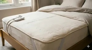 A close-up photograph showing a soft, cream-coloured Beurer electric underblanket spread smoothly on a mattress, secured by elastic straps, with natural light highlighting the wire grid beneath the fabric.