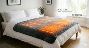 A 4K photorealistic diagram of a double Beurer heated blanket laid on a white bed, featuring distinct integrated LED glow zones that highlight independent dual control for body and feet heating.