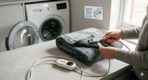 A 4K photorealistic close-up photograph capturing the grey detachable control cord and white Beurer controller unit being unclipped from a special connection point on the corner of the grey fleece heated blanket, which is folded on a utility room counter next to an open washing machine, demonstrating safe machine washability at 30 degrees.
