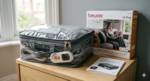 A 4K photorealistic photograph capturing the plush grey Beurer heated blanket neatly folded inside its custom zippered plastic storage bag, sitting next to its product box and instruction manual on a contemporary wooden table under natural light. The distinct dual temperature controller is visible through the clear bag window, emphasizing compact storage.