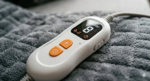 Close-up macro photograph of the white Beurer heated blanket controller with its active digital display showing a setting of '8' and orange buttons, highlighting the multi-zone and customisable heat settings on a quilted fleece surface.