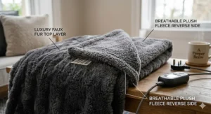 A split-view illustration showing the faux fur top layer and the breathable plush fleece reverse side.