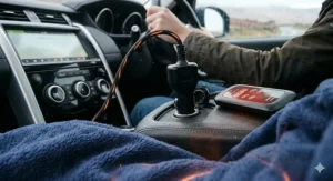 Close-up of a car heated blanket 12V adapter plugged into a vehicle’s cigarette lighter socket.