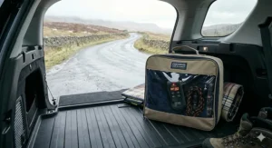 A folded fleece car heated blanket neatly packed into a compact storage bag in a car boot.