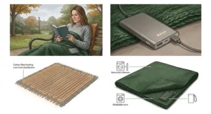 Alt text for image 2: A woman using a cordless rechargeable heated throw while sitting on a patio chair in a British garden during autumn.