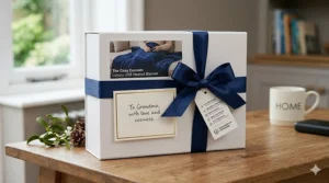 A festive illustration of a folded USB heated blanket with a ribbon, suggesting it as a cosy gift idea.